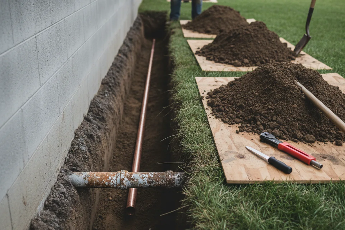 Excavated water line trench during Sewer Line Repair in Ludowici